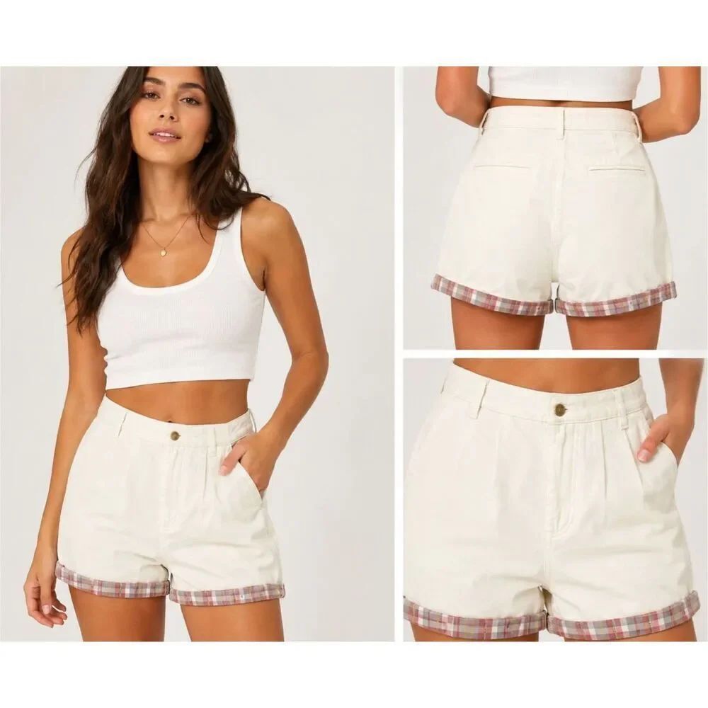 Easel Los Angeles Plaid Cuff Shorts Cream High Rise Casual Size M